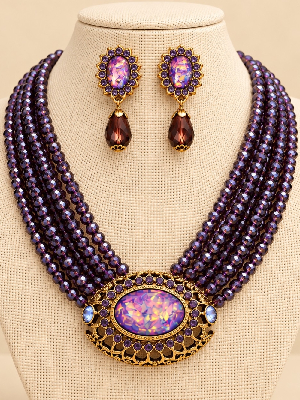 Handcrafted Purple Beaded Statement Necklace with Matching Earrings - Unbranded